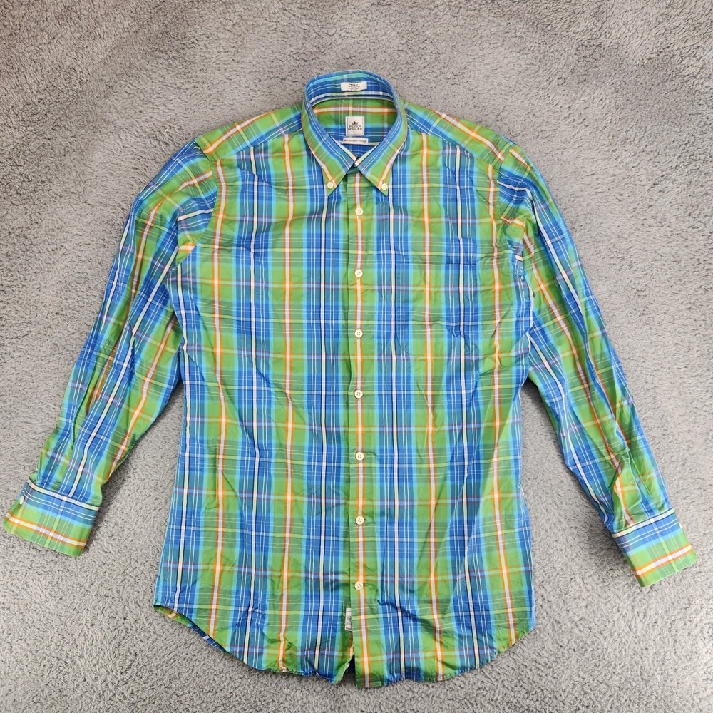 Peter Millar Weekender Finish Plaid Button Up Shirt Mens M Blue Green
